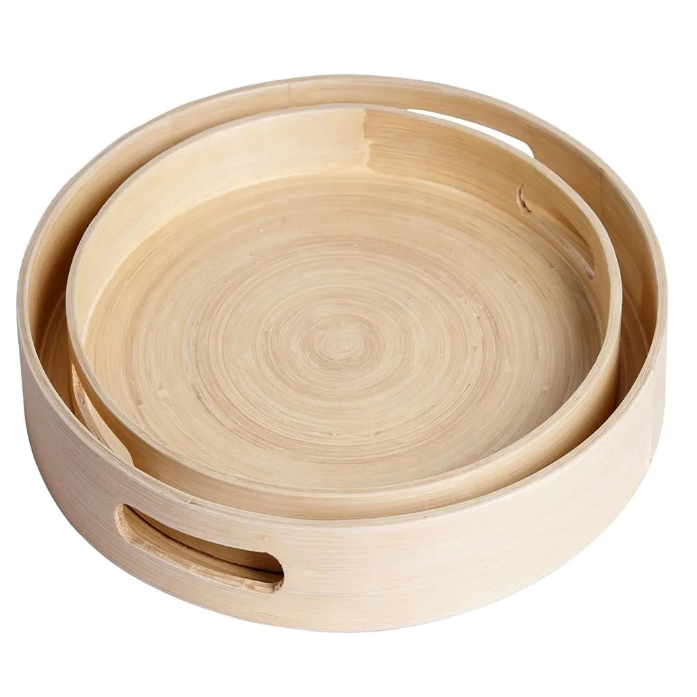 Bamboo tray with handle 2-piece round shallow bamboo tray suitable for coffee table tea food cocktail drink seat cushion breakfa