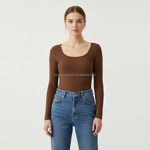 Женский трикотажный боди с длинным рукавом, круглым вырезом и ребристой текстурой, повседневный стиль - Product Image 3