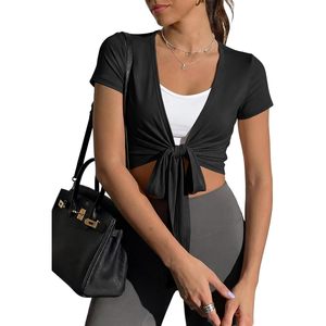 Custom Womens Workout <b>Crop</b> <b>Top</b> <b>Short</b> <b>Sleeve</b> Wrap Tie Loose Yoga Active Tee Casual Fitness Shirt - Product Image 1