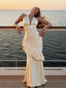 Abito lungo da donna in poliestere stile europeo-americano, nuovo modello estivo 2026, a tubino, a vita alta, tinta unita, scollo a V, con laccetto al collo e schiena scoperta - Product Image 5