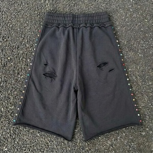 Men's Black Ripped Bermuda <b>Shorts</b> Elastic Waist Knitted Fabric Casual Style With Colorful Beads <b>Decoration</b> - Product Image 1