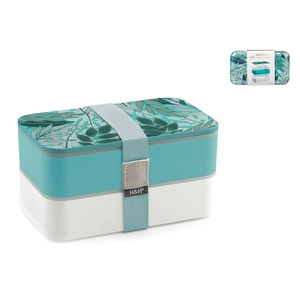 H&H Bento Lunch Box a 2 livelli con motivo a foglie verde acqua e tracolla per la scuola e il lavoro - Product Image 1