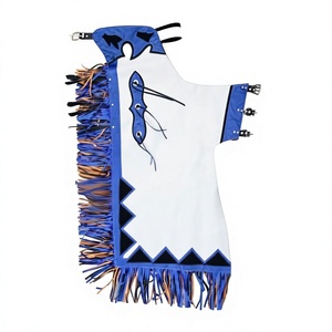 Custom Wholesale Rodeo Chaps - Handcrafted White and Blue Leather Bull Riding Chaps with Fringe & Geometric Inlays - Product Image 1