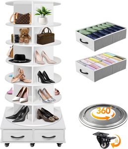 La <span class=keywords><strong>tour</strong></span> rotative <span class=keywords><strong>à</strong></span> 7 niveaux pour chaussures contient 2 tiroirs, 360 supports <span class=keywords><strong>à</strong></span> chaussures tournants, carrousel rond de stockage, équipé de 5 roues - Product Image 1