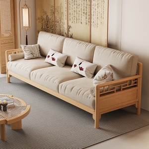 Solid Wood Sofa Three Seater Straight Line New Chinese Style Wooden Hard Sofa Upholstered Foam Filling Living Room Furniture - Product Image 1