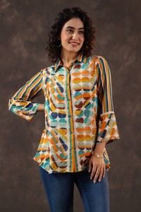 Camisa tipo túnica con estampado geométrico abstracto, cierre de botones, corte holgado, manga larga, blusa de moda contemporánea para mujer - Product Image 5