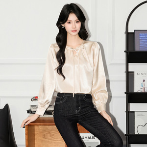Women's French Style Round Neck Tie Front Shirt Long Sleeve Solid Color Satin Blouse Commuting Top <b>White</b> Q9840 - Product Image 2