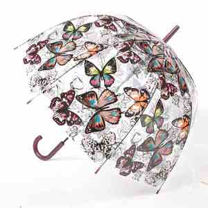 Parapluie droit transparent à poignée en plastique avec imprimé papillon et logo - Product Image 1