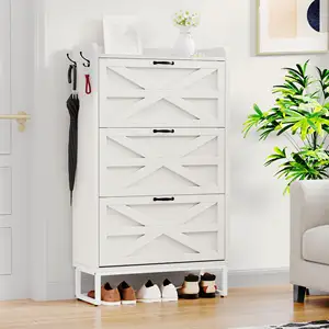 Support personnalisé OEM rustique armoire à chaussures en bois 3 tiroirs rabattables étagère à chaussures de ménage autoportante étagères armoire de rangement