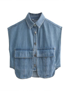 ZATRHMBM vêtements pour femmes 2023 automne hiver nouveau 3 couleurs Double poche décoratif Denim haut rétro revers <span class=keywords><strong>sans</strong></span> manches dames <span class=keywords><strong>gilet</strong></span> - Product Image 2