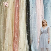 Tissu en maille transparente soyeuse à paillettes laser étoiles et lunes, imprimé feuille d'or, 100 % nylon, effet estampage à chaud, soyeux et léger