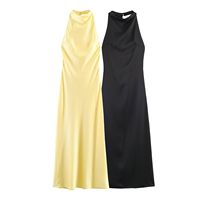 Robes longues en satin pour femmes, 2 coloris, dos ajouré, fermeture éclair, couleur unie, soyeuses, décontractées, mode été, style halter
