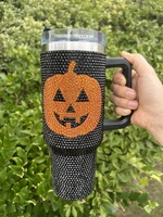 Gobelet isotherme 40oz en acier inoxydable, motif masque fantôme scintillant, avec paillettes et strass, pour Halloween, avec paille