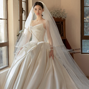 Satin Wedding Dress Ball Gown Strapless Natural Waist <b>Floor</b> Length Train Gown Simple Style For Summer - Product Image 3