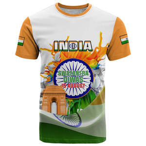 Inde t-shirt Swatantra Diwas joyeux jour de l'indépendance indienne vente en gros nouveau Design emblème national indien hommes tissé 3D T-shirts - Product Image 1