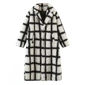 Manteau en laine d'agneau à revers en velours et treillis noir et blanc pour femme 2022 nouveau manteau ample épaissi