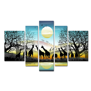 5 mảnh HD vải in phong cảnh Châu Phi Safari nhóm sơn phòng trang trí Poster hươu cao cổ voi Châu Phi đồng cỏ hình ảnh vải - Product Image 1