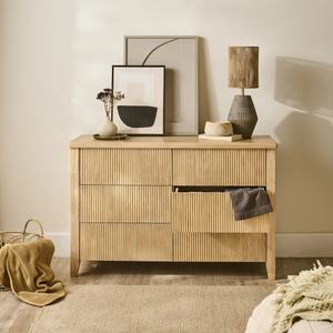 Commode de luxe en bois massif cannelé, couleur sur mesure, armoire de rangement moderne à 6 tiroirs avec tiroirs à fermeture amortie pour salon - Product Image 4