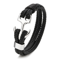 <strong>Hot</strong> <strong>Selling</strong> Stainless Steel Leather <strong>Bracelets</strong> Men's Black <strong>Rope</strong> Wrap Anchor Silver Braided <strong>Bracelets</strong>