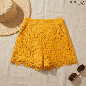 Short Bermuda Femme VIVI KA Taille Haute Jaune Dentelle Anti-Plis Coupe Droite Décontractée en Polyester Tissé VK5189 - Product Image 1