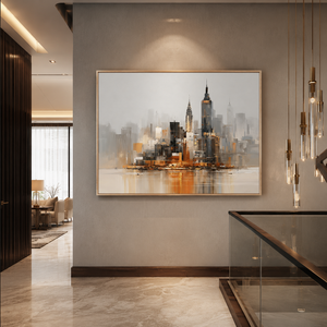 Peinture abstraite sur toile de paysage urbain moderne, ciel orange et gris, décoration de luxe pour hôtel, bureau, hall, salon - Product Image 2