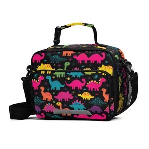 Sac à déjeuner isotherme portable et réutilisable pour enfants avec fermeture éclair en aluminium imprimé dinosaures colorés et bandoulière - Product Image 1