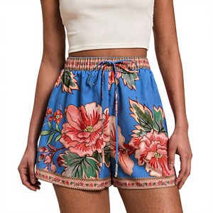 Shorts pour femmes à imprimé floral bleu, taille élastique, cordon de serrage, jambes larges, décontracté, pour les vacances d'été, vêtements de plage - Product Image 3