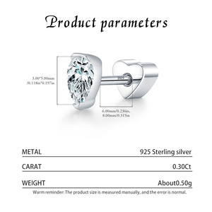 Minimalism S925 Sterling <b>Silver</b> vvs1 Moissanite Pear Cut Helix Earrings Heart Screw <b>Stud</b> Earrings for Women Fine Jewelry - Product Image 3