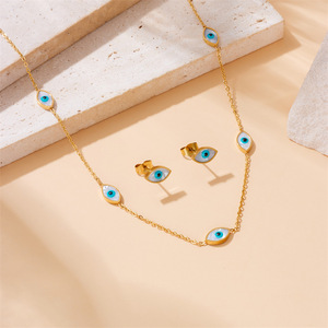 European American Retro Blue Eye Chain Jewelry <b>Set</b> Stainless Steel Women's Gift Necklace <b>Bracelet</b> Earrings - Product Image 2