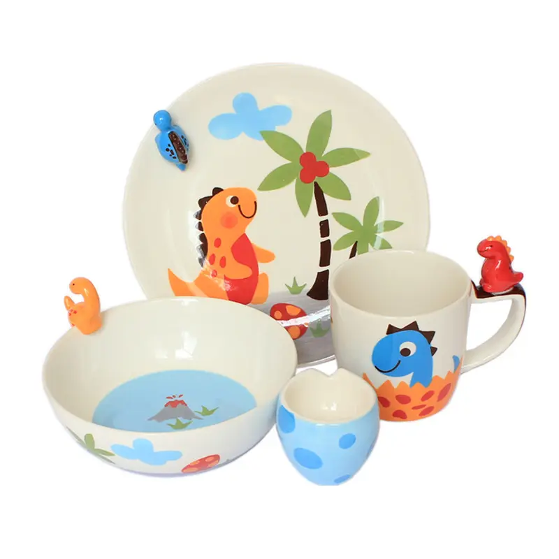 Cartoon Kinder Keramik Tasse Dinosaurier Welt Reis Schüssel Teller Wasser Tasse Geschenk box Geschirr Set