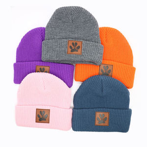 Custom Leather Patch Logo Winter <b>Warm</b> 100% Acrylic Chunky Outdoor Sports Skull Unisex Wool Beanie Knitted Beanie <b>Hats</b> - Product Image 6