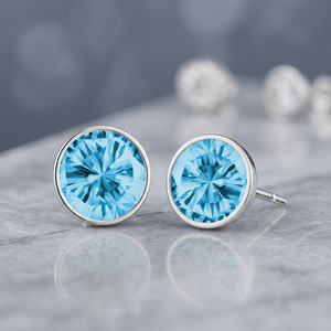 Wholesale Fashion Fine Jewelry 925 Sterling <b>Silver</b> 7mm Aqua Blue Cubic Zirconia Round Bezel Setting Stud <b>Earrings</b> for Girls - Product Image 2