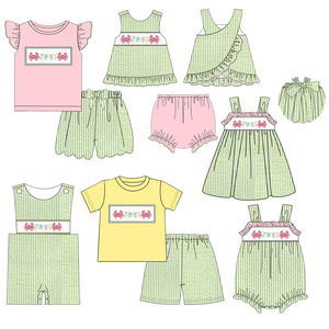 Smocked abbigliamento per bambini vestiti estivi per bambini vestiti per bambini vestiti per bambini con fratelli Set di Crab Beach ricamo per bambina abbigliamento con grembiule - Product Image 1