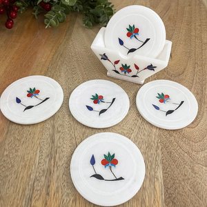 Ensemble de sous-verre en marbre blanc naturel fait à la main, incrustation carrée en métal, 4x4 pouces, lot de 6 avec support - Product Image 1