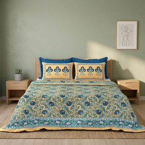 Parure de lit en coton imprimé bleu et jaune, style chic, avec 2 taies d'oreiller, fabrication artisanale indienne de Jaipur - Product Image 3