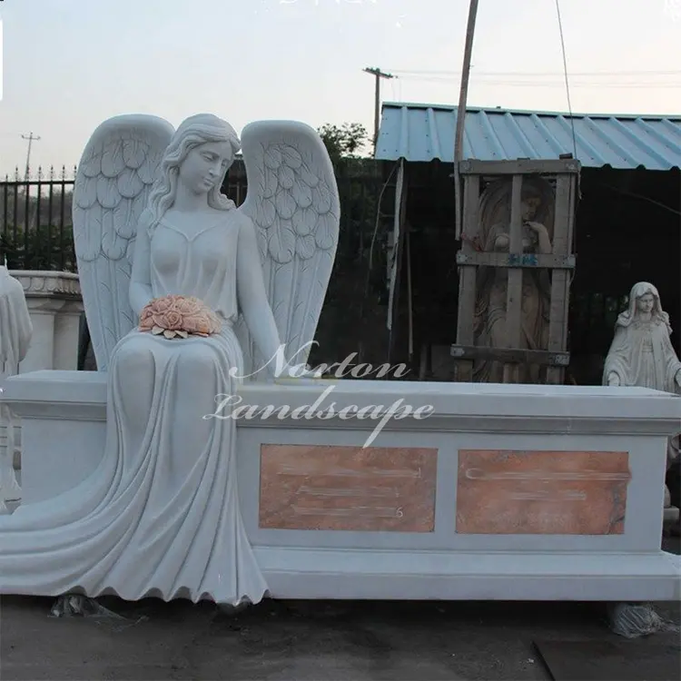 Lápidas y monumentos de piedra personalizados de fábrica, escultura de estatua de granito con lápida de Ángel sentado