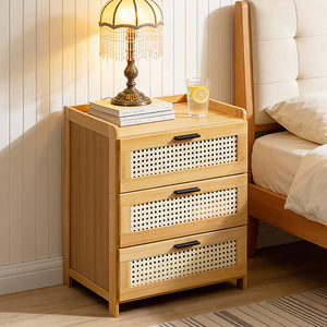 Table de Chevet Moderne de Luxe en Bois avec Tiroir et Rattan Blanc, Meuble de Rangement Style Mid-Century pour Chambre à Coucher - Product Image 1