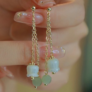 Natural Hetian Jade Drop Earrings Bell Shape Chain White Mother Of Pearl Lily Of The Valley Stud Earrings For Autumn Winter - Product Image 1