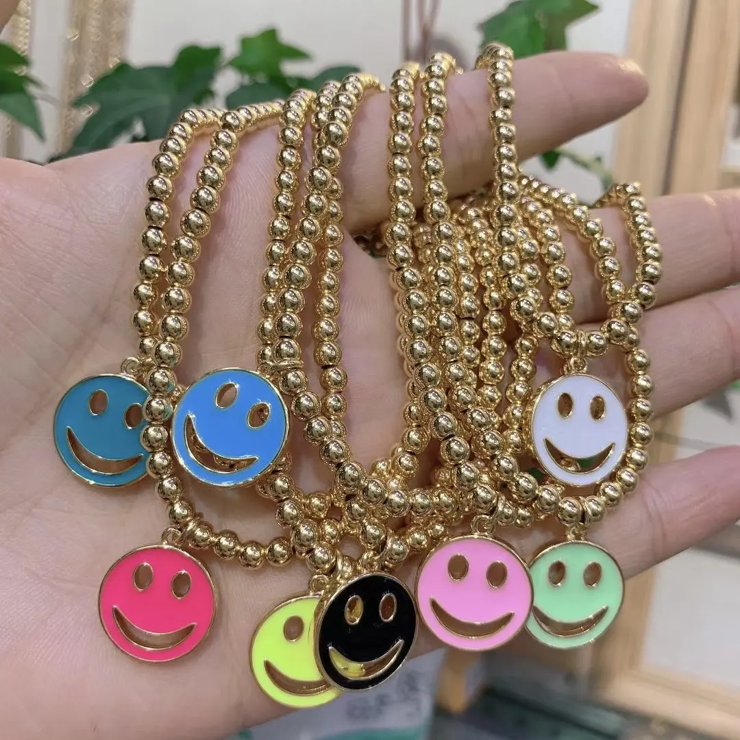 LS-L498 Simple design cz happy face pendant bracelet, gold plated beads chain bracelet enamel colorful jewelry for daily life