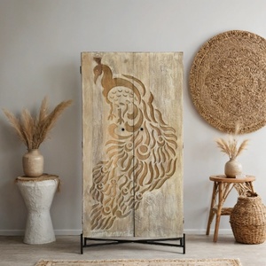 Hand-Carved Wooden <b>Wardrobe</b> Almirah with Peacock Design | Solid Wood 2-Door <b>Storage</b> Cabinet with Metal Base - Product Image 5
