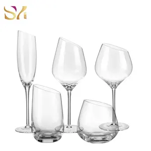 奢华平底金色镶边透明倾斜创意高脚杯酒杯优雅玻璃器皿套装婚礼饮用香槟