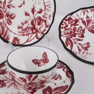 Platos de cena de cerámica con borde negro de estilo antiguo con estampado de hojas de cera de China de hueso europeo, platos de postre, tazas y platos de café - Product Image 4