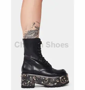 Baru Fashion Wanita Tempur Sepatu Bulat Jari Kaki Renda Chunky Platform Keren Gadis Langit Cetak Stud Aksen Hak Tinggi boot