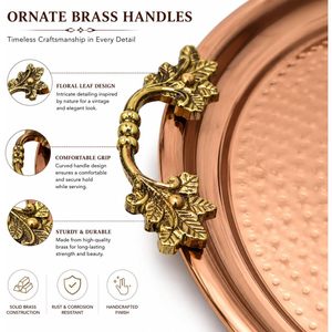 Leathervines Hammered Copper Tray 14 Inch Round With Brass Handles For Coffee <b>Table</b> Decorative Serving Tray - Product Image 5