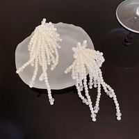 Mode femmes longues perles perles boucles d'oreilles argent aiguille perle fleur gland boucles d'oreilles