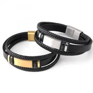 Touw Gevlochten Armbanden Rvs Armband Voor Mannen Pols Gegraveerde Plaat Accessoire Echt Echt Lederen Armband Sieraden