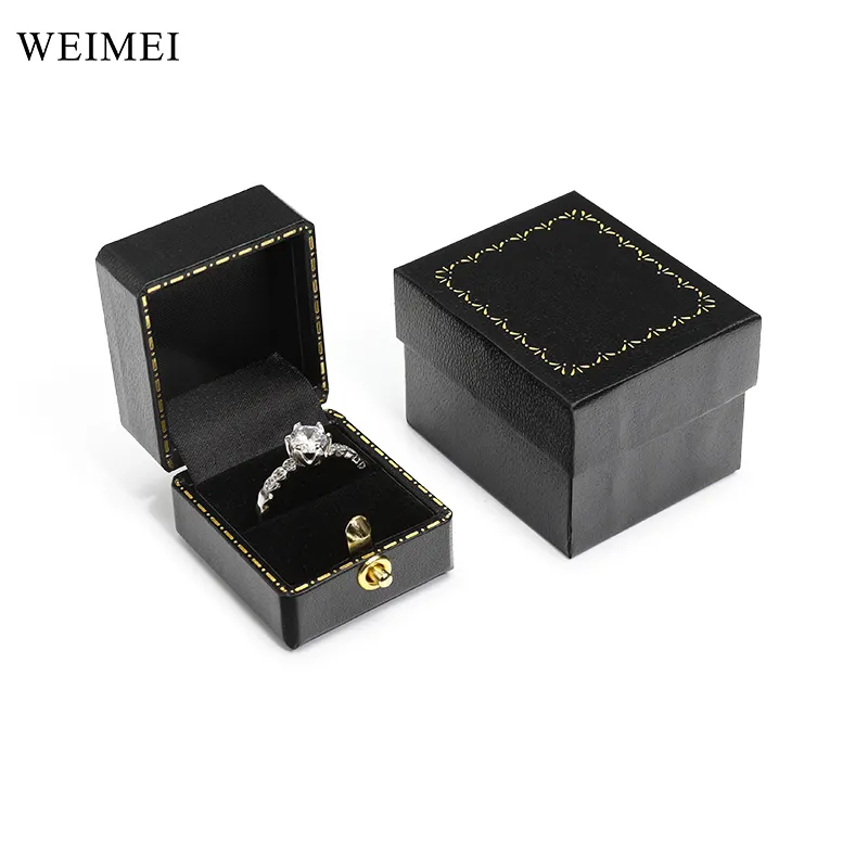 WEIEMI Caixa de anel preto estilo antigo com estampagem de ouro linha arabesque caixa de anel de joias com caixa externa de alta qualidade