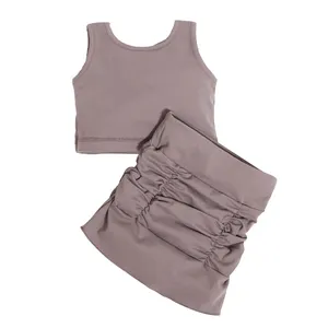 Custom Logo Children Clothes Summer Elastic Waistband Ruffled Tops And Design Skirt Nylon Yoga Sets