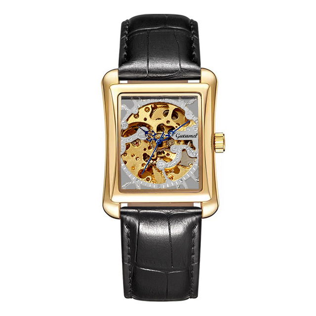 GUCAMEL Retro Casual Series Rectangle Dial Design Golden Pattern Hollow Watch Men Top Brand Luxury Mechanical Wrist Watch