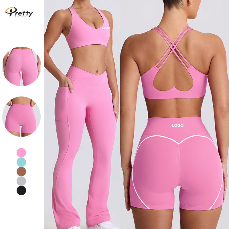 New Sports Yoga Set Cute Heart Bra Cross Back Sports Bra Outdoor Fitness Shorts Quick Drying Yoga Pants Yoga Leggings Set